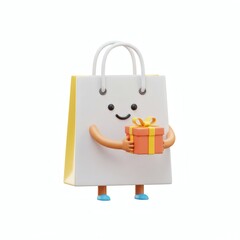 Cheerful Shopping Bag Cartoon Character Holding a Gift