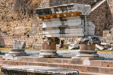 Remains of a monumental structure, showcasing intricate carvings and architectural details from the...