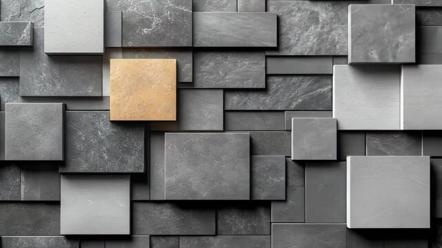 Abstract geometric composition with layered gray tiles, beige square, and partially obscured circular shape
