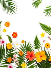 Various leaves with summer flowers, isolated on white background.