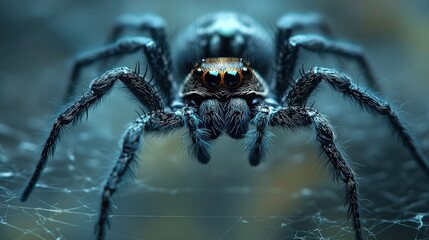 Close-up of a jumping spider on a web.