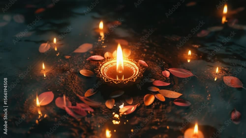 Aufkleber A lone candle surrounded by leaves and water, perfect for use as a background or symbol in your project