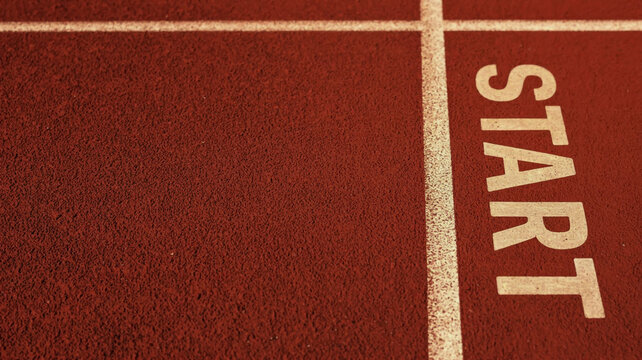 A close-up photograph of a red running track surface with white starting line markings