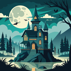 Halloween haunted tree and house illustrations