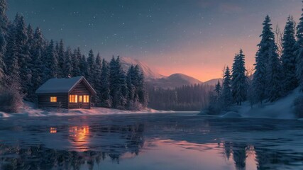 Cozy cabin with glowing windows beside frozen lake surrounded by snow covered pine trees under starry twilight sky creating peaceful winter forest mountain atmosphere - Powered by Adobe