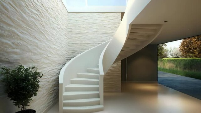 Modern home stair area with spiral staircase in double-height atrium featuring textured walls and skylight