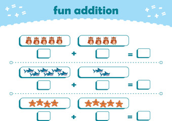Game for children fun addition by counting cute wild animals pictures printable worksheet vector