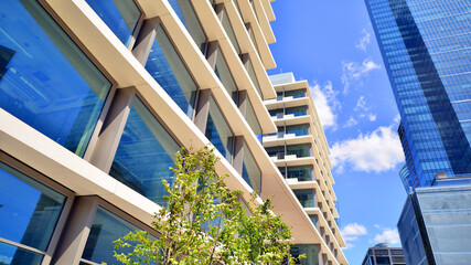 Office with green environment. Corporate building reduce CO2. Sustainable glass office building...