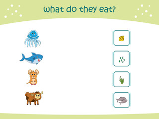 What do they eat matching game for kids with cute wild animals. activity page for kindergarteen and preschool. Vector illustration