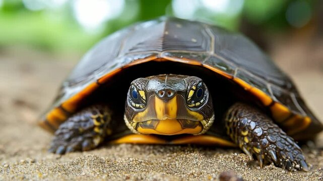 Turtle emerges on sandy beach surrounded by green foliage showcasing vibrant shell patterns and curious eyes