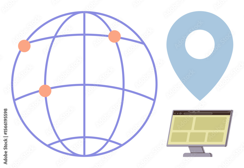 Poster globe with network points, a location pin icon, and a desktop interface screen representing global r