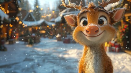 Animated reindeer in a snowy winter scene.
