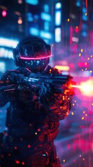 Futuristic warrior shooting a weapon in a neon city