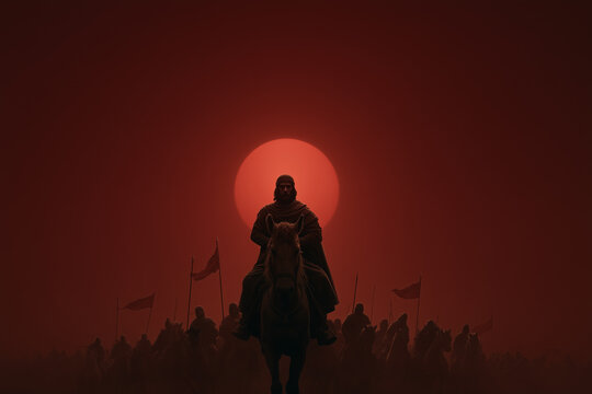 An emotionally powerful historical scene of Imam Hussein at Karbala, standing resolute with his followers amidst battle flags and horses. 