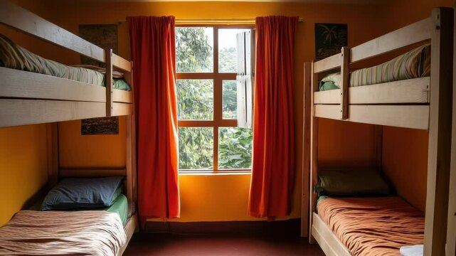 Cozy dormitory space with double bunk beds and sunny window view in vibrant orange room