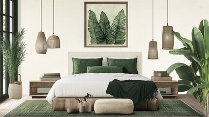 Serene bedroom with green accents, wooden furniture, and tropical plants.