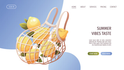 Web page design with lemons in a reusable net bag. Vector illustration for promo, website, banner.