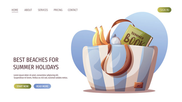 Web page design with beach bag with book and snacks. Vector illustration for promo, website, banner.