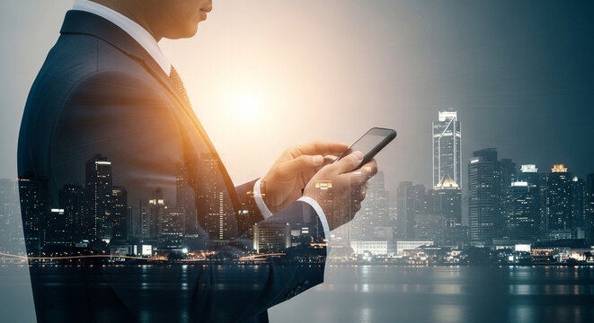 A businessman using a smartphone with a cityscape overlay in a double exposure technique image - Powered by Adobe