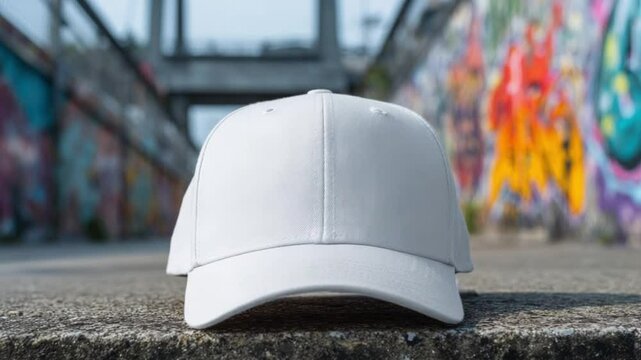 White baseball cap mockup on a concrete ledge with a graffiti wall in the background Close-up of a blank white hat template for design presentation