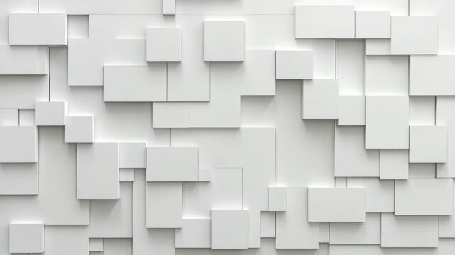 Abstract geometric pattern featuring white rectangular shapes and texture on wall design, modern 3D overlapping shapes creating clean architectural feel with depth and structure