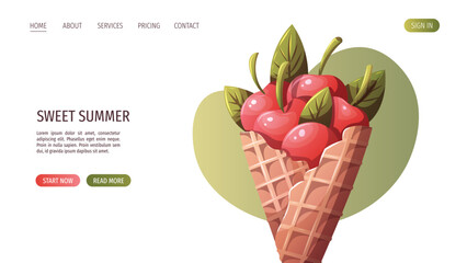 Web page design with cherries in a waffle cone. Vector illustration for website, promo, banner.