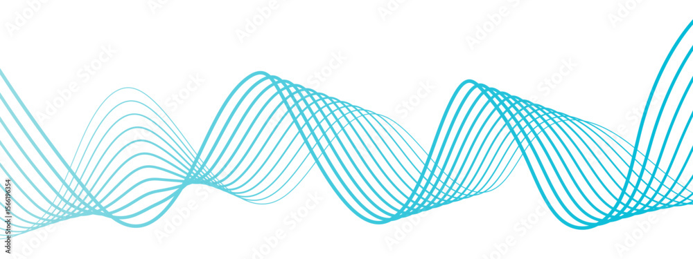Leinwandbilder Abstract wave with smooth, flowing cyan-blue curved lines on a white background. Lines form rhythmic with waveforms overlap and intertwine symmetrical, airy, and futuristic pattern. 