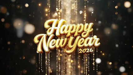 Happy New Year 2026 Gold Text Animation Sparkling Glitter Festive Celebration Holiday New Years Eve Party Countdown Luxury Elegant Premium Broadcast Graphics Motion Design 3 D - Powered by Adobe