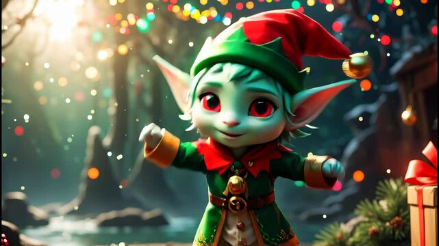 a christmas elf standing in front of a house with lights on the ground