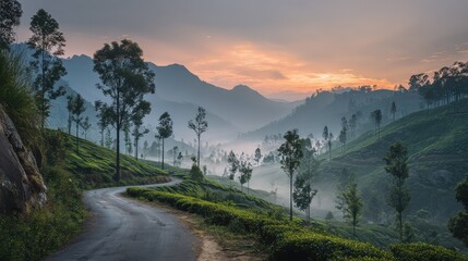 A road through tea plantations under a pastel sky at dawn with light fog hanging low