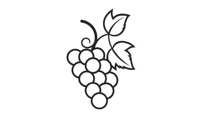 Simple black line art illustration of a bunch of grapes with two leaves and a curling vine on a white background