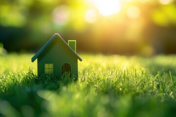 Bright green toy house among sunlight drenched grass during a serene afternoon, Small green toy house in the middle of the green grass field with sunlight in the background