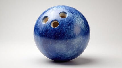 Isolated blue bowling ball on white background, positioned with finger holes visible