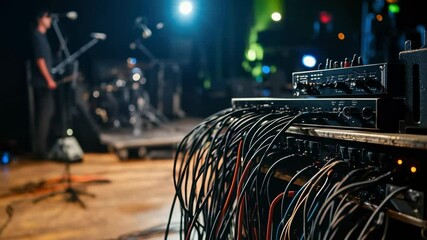 Live music event setup with sound equipment and cables on stage in a concert venue during evening hours
