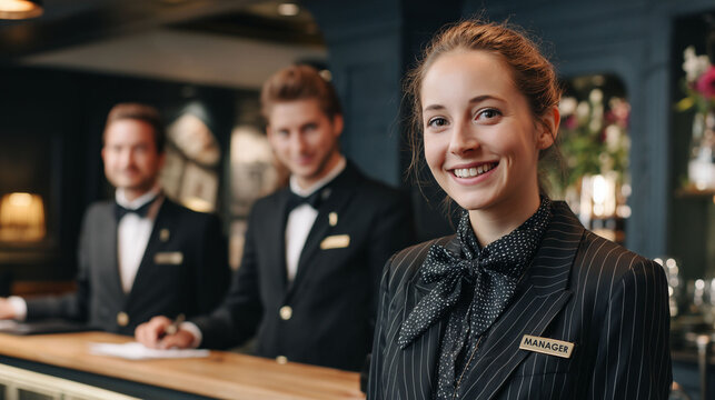 hotel manager woman smiling at front desk in luxury resort welcoming guests with professional service and elegant hospitality - Powered by Adobe