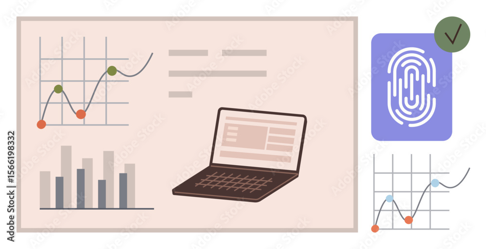 Poster laptop displaying data alongside bar and line charts. fingerprint verification icon with checkmark. 