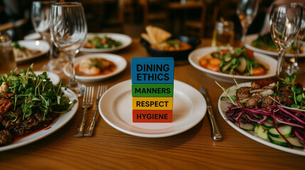 dining ethics concept with colorful message card on restaurant plate showing manners respect hygiene and table awareness