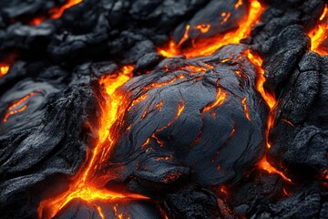 Boiling lava creating a glowing contrast against a dark rocky background in close-up view, Boiling lava on a black background, close up shot used for compositing, with Alpha channel