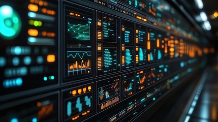 Digital display wall with multiple information panels.