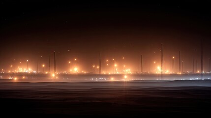 Night Industrial Landscape with Orange Lights and Fog