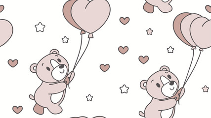 Seamless pattern with cute cartoon baby bears and balloons, perfect for a child's fun valentine card design
