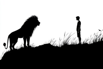 Silhouette of a young boy standing atop a hill facing a majestic lion during twilight in a natural setting