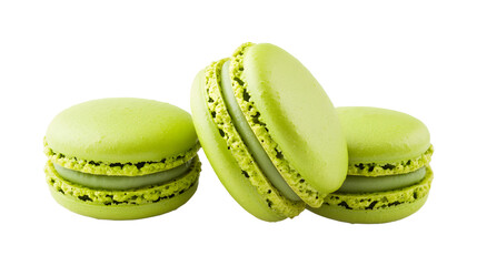 Three green macarons are sitting on a white background