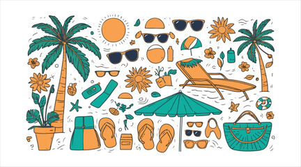 Obraz premium A doodle-style beach vacation scene. It showcases palm trees, fun stuff like open and closed umbrellas, bikinis, sunglasses, and flowers. Imagine sunbathing, soaking up the sun, unwinding, and loungin