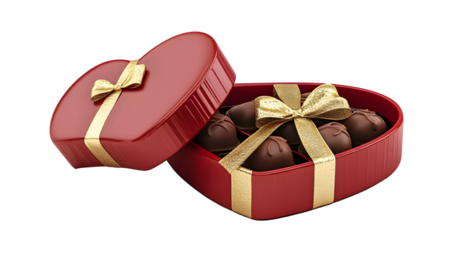 A red box with a bow on top of it. Inside the box are chocolates. The box is shaped like a heart