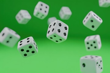 Floating white dice icons on vibrant green screen create a dynamic visual effect during an animated display, White dice icons appear and disappear on green screen 3D