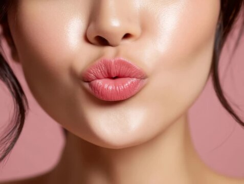 Close-up of a woman's lips showcasing beauty techniques and natural makeup in a studio setting during the day