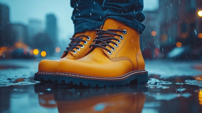 Close-up of mustard-yellow leather boots in a puddle on a city street.