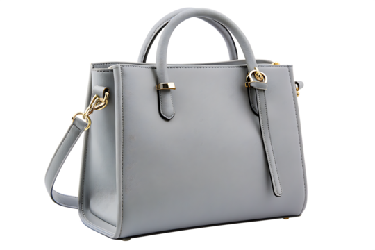 Elegant grey leather handbag with gold hardware isolated on a transparent background
