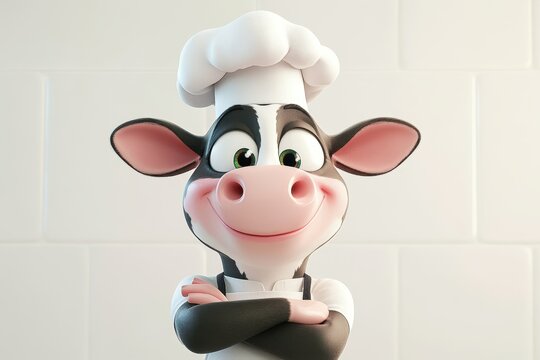 Smiling cartoon cow dressed as chef stands confidently in a bright kitchen with crossed arms and a welcoming expression, ready to create delicious meals for diners